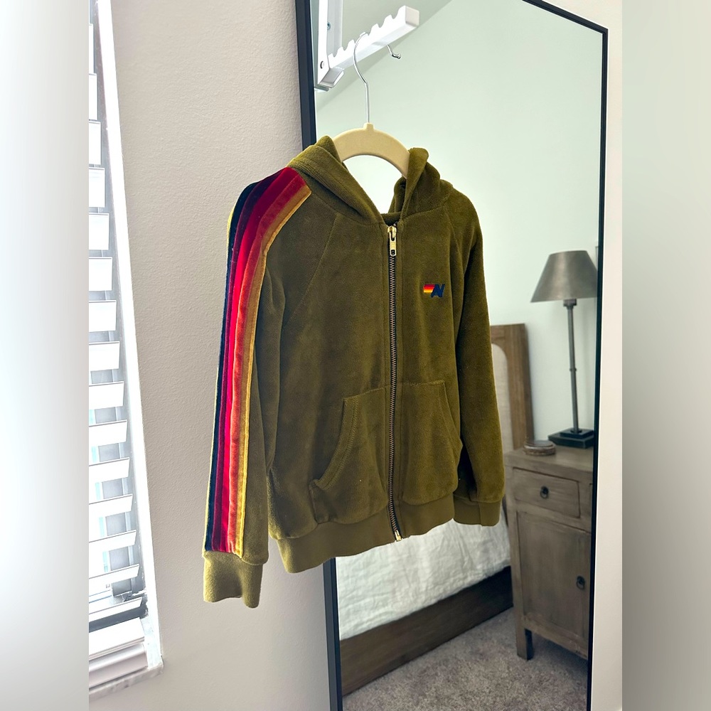 Aviator Nation Olive Green Zip Hoodie with Rainbow Sleeve Stripe